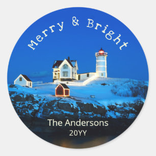 Merry Bright Nubble Christmas Lighthouse Runder Aufkleber