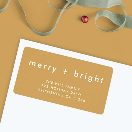 Merry + Bright Ocher Gold Christmas Address Adressaufkleber