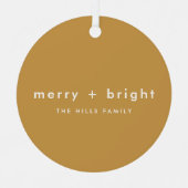 Merry + Bright | Ocher Gold Weihnachts-Foto Ornament Aus Metall (Vorderseite)