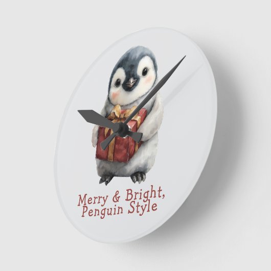 Merry & Bright Penguin Christmas Runde Wanduhr (Winkel)