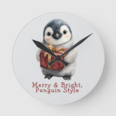 Merry & Bright Penguin Christmas Runde Wanduhr (Vorderseite)
