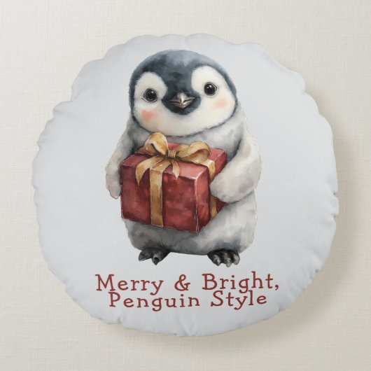 Merry & Bright Penguin Christmas Rundes Kissen (Vorderseite)