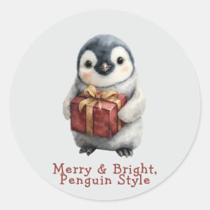 Merry & Bright Penguin Weihnachten Runder Aufkleber