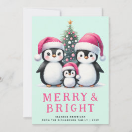 Merry & Bright Pinguine Familie Pink Minze Weihnac Feiertagskarte