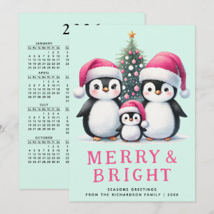 Merry & Bright Pinguine Familie Pink Minze Weihnac Feiertagskarte