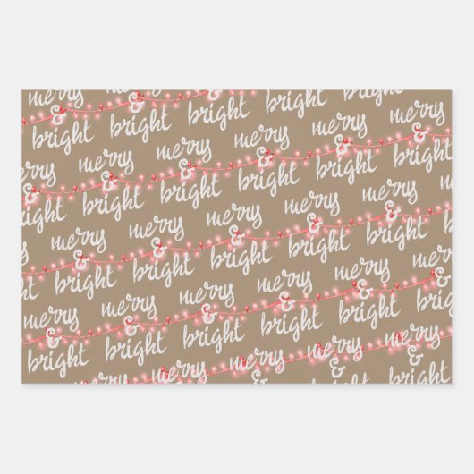 Merry & Bright Pink Christmas Tree Lights Kraft Geschenkpapier Set (Vorderseite)