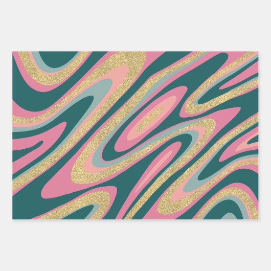 Merry Bright pink grüne Goldschneeflocke Retrowirb Geschenkpapier Set (Vorderseite)