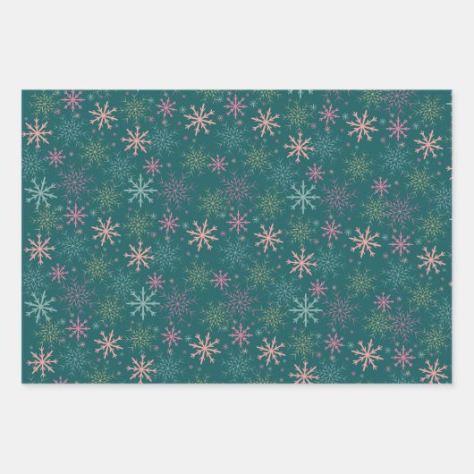 Merry Bright pink grüne Goldschneeflocke Retrowirb Geschenkpapier Set (Vorderseite 3)