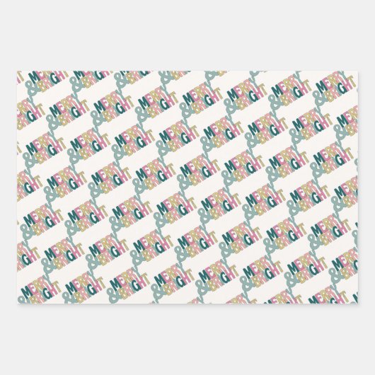 Merry & Bright pink grüne Goldschneeflocken & Bäum Geschenkpapier Set (Vorderseite)