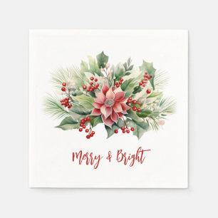 Merry Bright Poinsettia Berries Weihnachtsfest Serviette