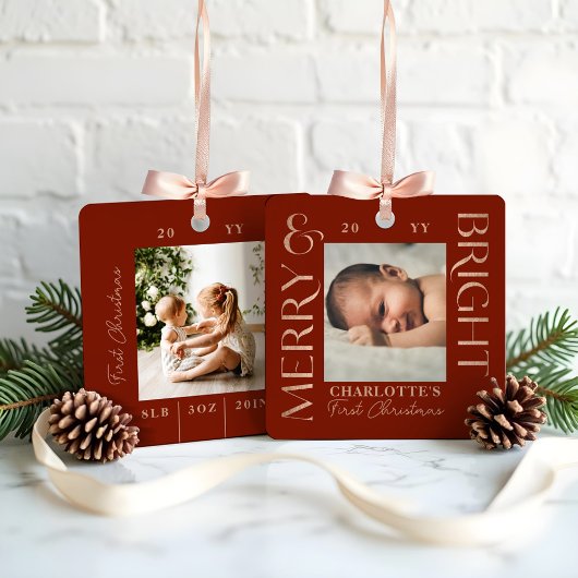 Merry & Bright Red Baby First Christmas Fotos Ornament Aus Metall