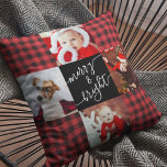 Merry & Bright Red Buffalo Kariertes Foto Kissen<br><div class="desc">Modernes Drehbuch Merry & Bright rotes Büffel kariertes Weihnachtskissen mit Platz für 4 Fotos und Ihrem Familiennamen umgeben von einem lustigen Quilt Muster-Gitter.</div>