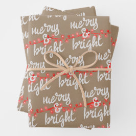 Merry & Bright Red Christmas Tree Lights Kraft Geschenkpapier Set