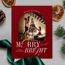 Merry & Bright Red Elegant Script Christmas Photo