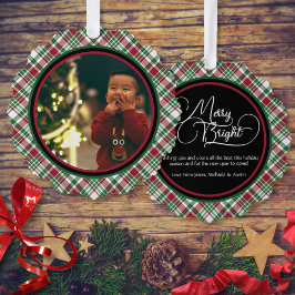 Merry & Bright Red & Green Kariert Holiday Foto Ornament Karte