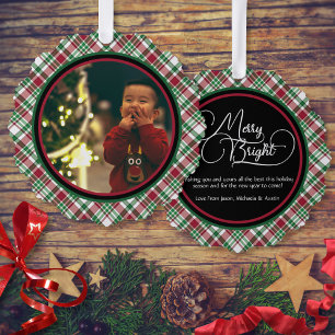 Merry & Bright Red & Green Kariert Holiday Foto Ornament Karte