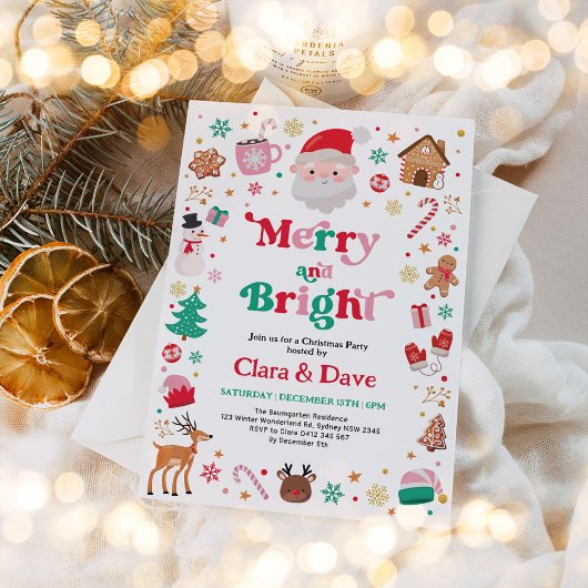 Merry & Bright Red Pink Green Christmas Party Einladung