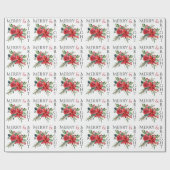 Merry Bright Red Poinsettia Holly Floral Christmas Geschenkpapier (Flach)
