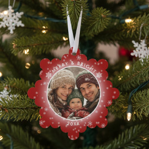 Merry & Bright Red Snowflakes Foto Weihnachten Ornament Karte
