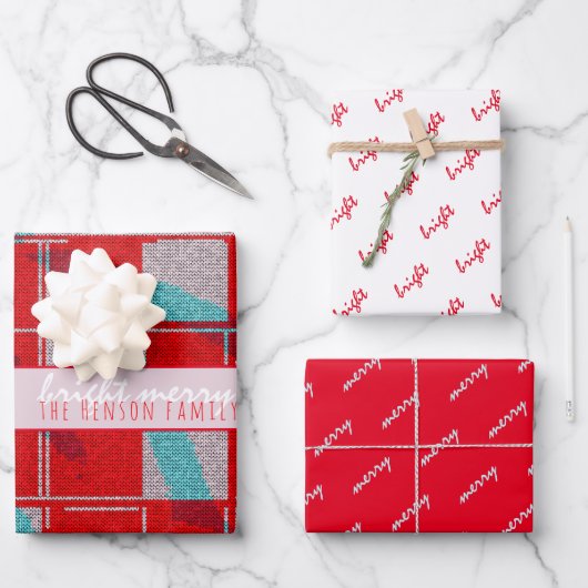 Merry Bright Red Strick Knitter Familienurlaub Geschenkpapier Set (Vorderseite)