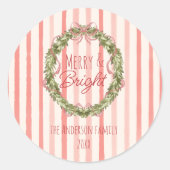Merry & Bright Red Stripes Christmas Bow Wreath Runder Aufkleber (Vorderseite)