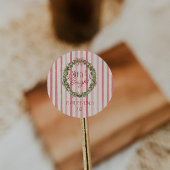 Merry & Bright Red Stripes Christmas Bow Wreath Runder Aufkleber