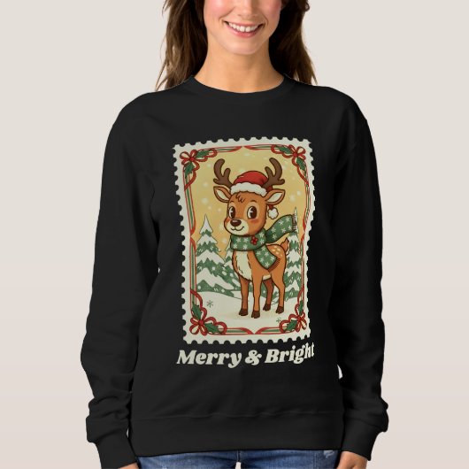 Merry & Bright Reindeer Christmas Postage Briefmar Sweatshirt (Vorderseite)