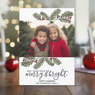 Merry Bright Retro 1 Foto Weihnachtskiefern Branch Feiertagskarte