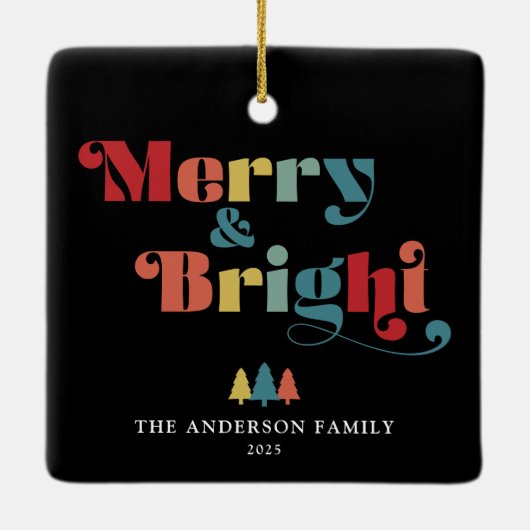 Merry & Bright Retro farbenfrohe Weihnachten Keramikornament (Rückseite)