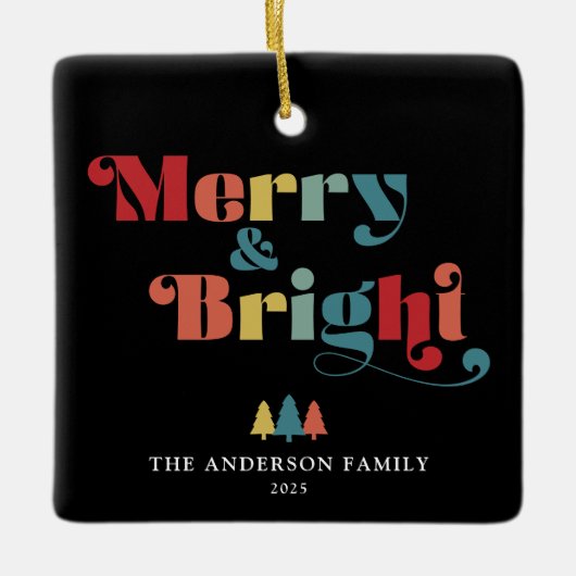 Merry & Bright Retro farbenfrohe Weihnachten Keramikornament (Vorderseite)