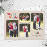 Merry & Bright Retro Farbiges Foto Weihnachten<br><div class="desc">Die farbenfrohe Weihnachtskarte enthält den Text "Merry & Bright",  der in mehrfarbigem Retrotext auf cremefarbenem Hintergrund erscheint. Das Design bietet vier Fotorahmen für Ihre Lieblings-Fotos. Fotografie © Storytree Studios,  Stanford,  CA</div>
