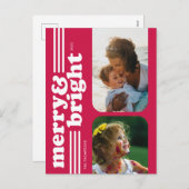 Merry & Bright Retro Magenta Foto Postkarte (Vorne/Hinten)