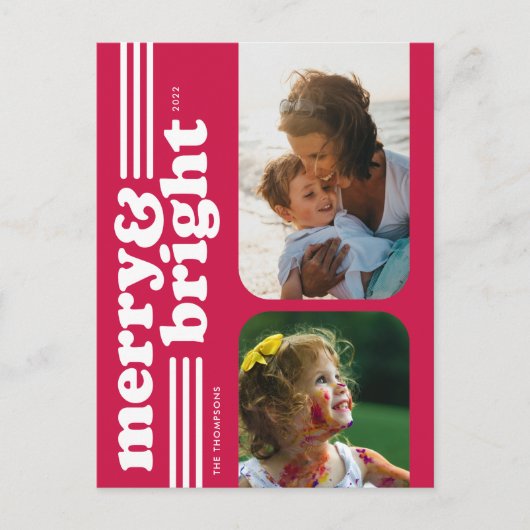 Merry & Bright Retro Magenta Foto Postkarte (Vorderseite)