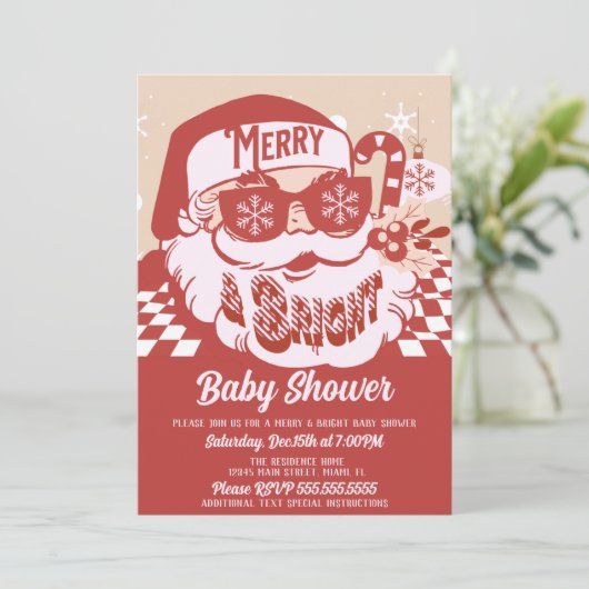 Merry Bright Retro Santa Christmas Baby Dusche Red Einladung (Stehend Vorderseite)