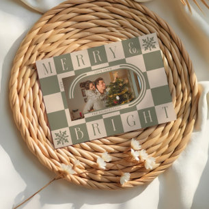 Merry & Bright Retro Schachbrett Foto Feiertagskarte