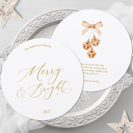 Merry & Bright Round Christmas Card with Bells Einladung