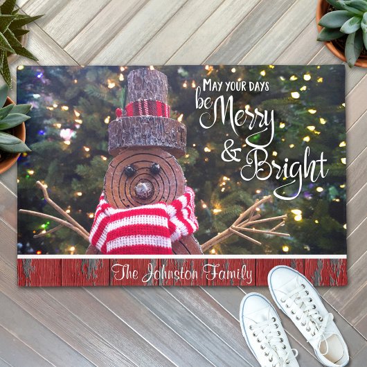 Merry Bright Rustic Log Snowman Individuelle Name Fußmatte