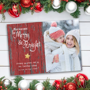Merry Bright Rustic Red Wood Script Custom Foto Feiertagskarte
