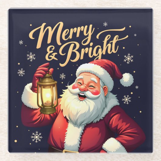 Merry Bright Santa Holding Lantern Illustration Glasuntersetzer (Vorderseite)