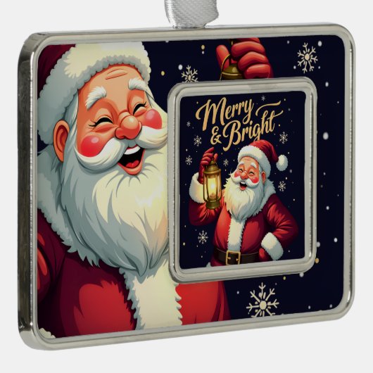 Merry Bright Santa Holding Lantern Illustration Rahmen-Ornament Silber (Rechts)
