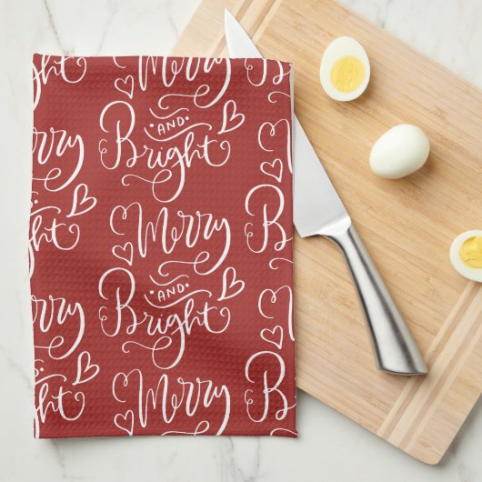 Merry & Bright Script Calligraphy Red Christmas Geschirrtuch (Viertel Falte)