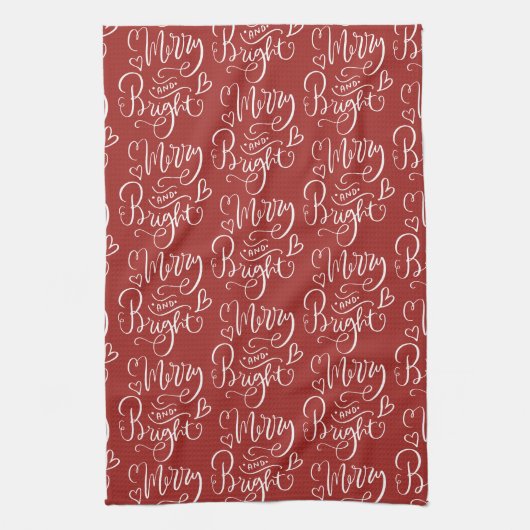 Merry & Bright Script Calligraphy Red Christmas Geschirrtuch (Vertikal)