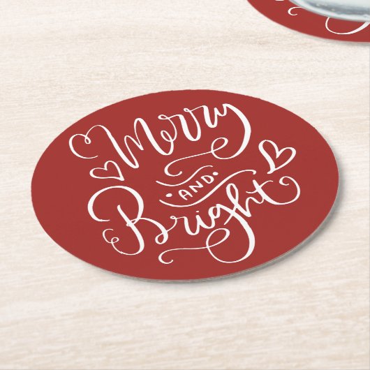 Merry & Bright Script Calligraphy Red Christmas Runder Pappuntersetzer (Angewinkelt)