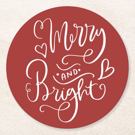Merry & Bright Script Calligraphy Red Christmas Runder Pappuntersetzer (Vorderseite)