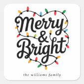 Merry & Bright Script Festive String Light Holiday Quadratischer Aufkleber (Vorderseite)