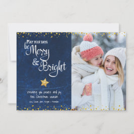 Merry Bright Script Foto Blue Gold Star Glitzer Feiertagskarte