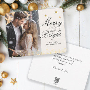 Merry & Bright! Script Schriftart, Beige Foto Feiertagskarte