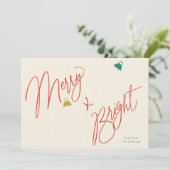 Merry & Bright Script und Foto Ornamente Design Einladung (Stehend Vorderseite)