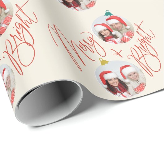 Merry & Bright Script und Foto Ornamente Design Geschenkpapier (Rolleneckpunkt)