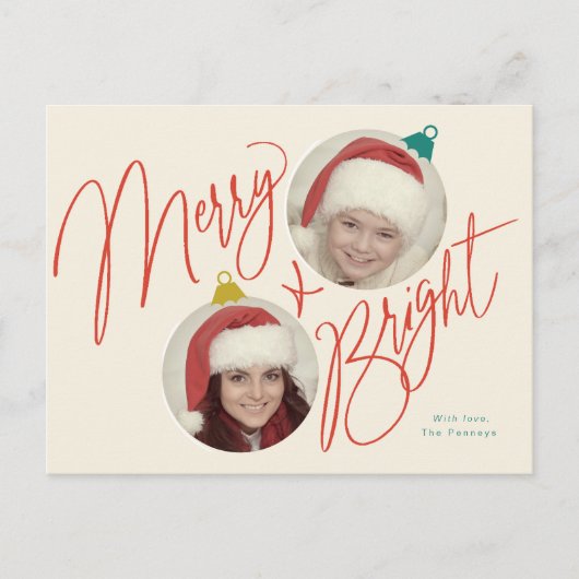Merry & Bright Script und Foto Ornamente Design Postkarte (Vorderseite)